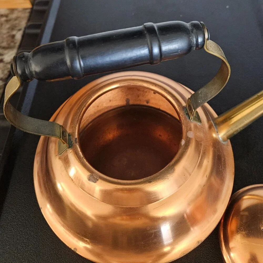 Coppercraft Guild Copper Tea Kettle w/Wrought Iron Warming Stand, vintage 70s